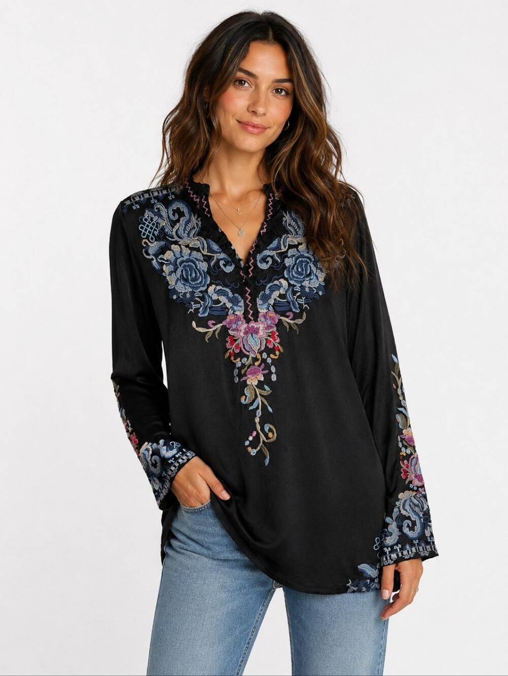 Johnny Was Biya Silk Embroidered Tunic Blouse Black Blue Floral | Small
